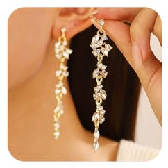 XFSRG Ohrringe Damen Lang Blütenblatt Design Funkelnde Kristalle Elegante Ohrringe für Hochzeit und Party (Gold)