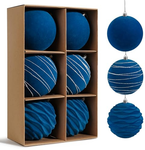 Miaikoe 6 Stück Samt Weihnachts Ornamente Kugeln Sets für Weihnachten, Kunststoff zerstörungsdicht Weihnachtsbaum Flocked 10 cm Ornamente Kugeln für Winter Urlaub Dekor (blau)