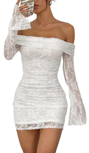 SweatyRocks Damen Spitze Kleid Elegant Off Shoulder Minikleid mit Spitzen Langarm Bodyconkelid Spitzekleid Schulterfreies Kleid
