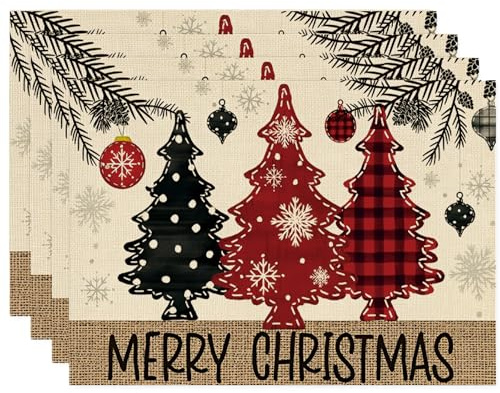 Luzzxfa Set of 4 Christmas tree candy placemats 32x45 cm washable linen placemats table mats for Dining Table party decoration