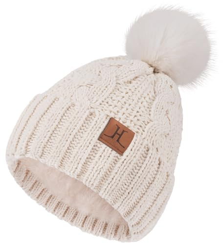 ZASFOU Mütze Damen Winter Beanie mit Fleecefutter Warme Chenille Wintermütze Thermo Zopfmuster Pompom Mützen Strickmütze für Frauen Geschenk