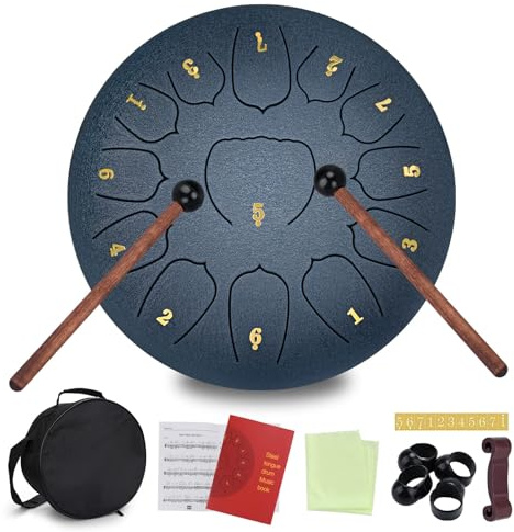 SanRes Tongue Drum 13 Noten 10 Zoll,Zungentrommel Scheibentrommel,Steel Pan Töne Schlaginstrument Hand mit Zubehörbox,Tasche,Fingerpick,Musikbuch und Schlägel für Meditation Yoga Klangheilung