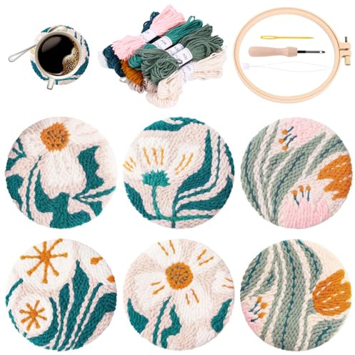 Coasters Making Punch Needle Kit, 6PCS Embroidery Kit DIY Knitting Kit | Cup Holder DIY Punch Needle Hobbies for Adults Women Kids