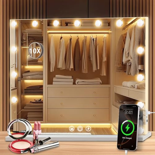 Puranex Schminkspiegel mit Beleuchtung 58 x 46 cm, Kosmetikspiegel 15 LED Vanity Mirror HD für Make-up, Hollywood Spiegel 3 Lichtfarben Dimmbar Touch Control, USB, inkl. 10-Fach Vergrößerungsspiegel