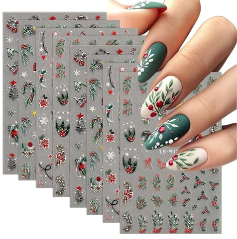 BelleFlair 8 Blatt 5D Nagelsticker Weihnachten, Selbstklebende Winter Aufkleber, Schneeflocke Stechpalme Nageltattoos für Nail Art, Silvester Nageldesign, Festliche Deko für Frauen und Kinder