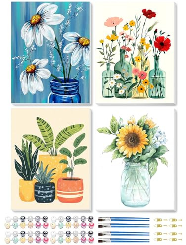 4 Pack Paint by Numbers for Adults,Flowers Vase Painting by Numbers for Adults Canvas Kits,Flower Adult Paint by Numbers Kits with Frame,DIY Acrylic Oil Painting for Home Wall Decor 9.5x12 inch