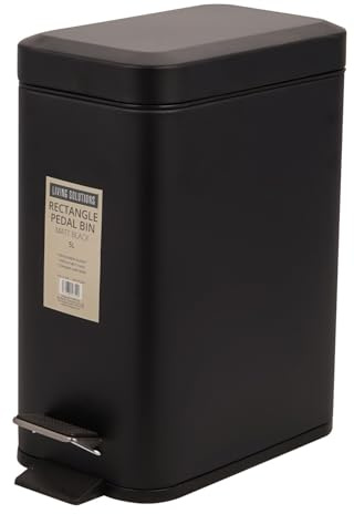 Living Solutions 5L Black Rectangle Pedal Bin – Compact Waste Bin with Hands-Free Lid for Bathroom, Bedroom, or Office
