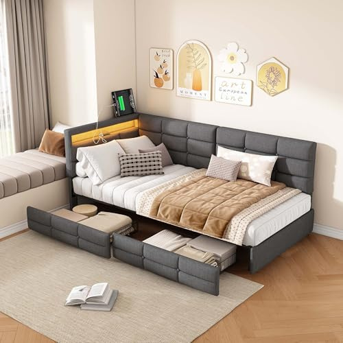 Liuyoyo Polsterbett 90x200cm Schlafsofa,L-förmiges Kopfteil,Bettgestell mit Lattenrost und Bettkasten,Jugendbett mit Zwei Schubladen,Schlafsofa mit Stauraum,Stauraumbett,Ohne Matratze,Grau