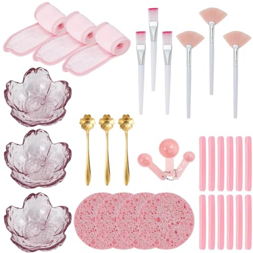 WEBEEDY 34 Pcs Esthetician Supplies Set with 3 Facial Masks Mixing Bowls, 12 Facial Sponges, 3 Flower Spoons, 3 Fan Brushes and more, DIY Esthetician Tools for DIY Face Mask Skin Care at Home Salon