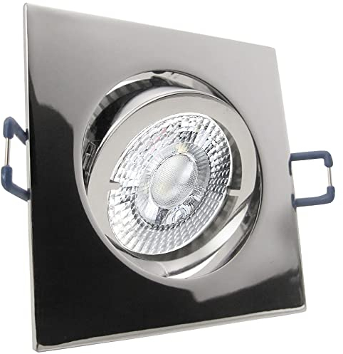 trendlights24 Carree LED Decken Einbaustrahler 5er Set 7W dimmbar 50° 230V GU10 eckig Chrom glänzend - Warmweiß - Einbauleuchte schwenkbar