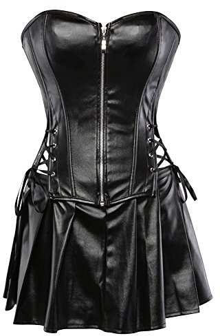 Grebrafan Damen Reißverschluss Korsett Kunstleder Corsage Rock (EUR(36-38) L, Schwarz)