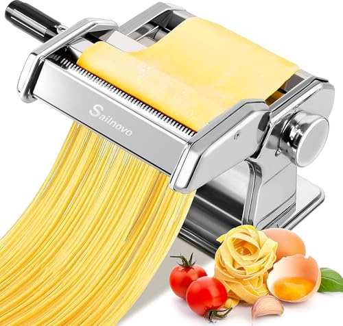 Sailnovo 3 in 1 Pasta Maker Machine - 9 Adjustable Thickness Settings Aluminum Alloy Pasta Roller & 2 Width Cutters for Fresh Spaghetti, Fettuccini, Lasagna, Dumplings - Stainless Steel, Silver