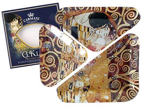 CARMANI - 3-teilig, Glasplatte Snack, Party Essen, Nüsse, Servierplatte mit Der Kuss Gemälde von Gustav Klimt 20x26cm
