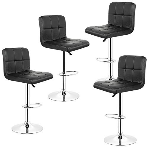 YIFAA Lot de 4 Tabourets de Bar en Simili Cuir, Hauteur réglable Chaise avec Dossier et Repose-Pieds Chromés (4-Noir)