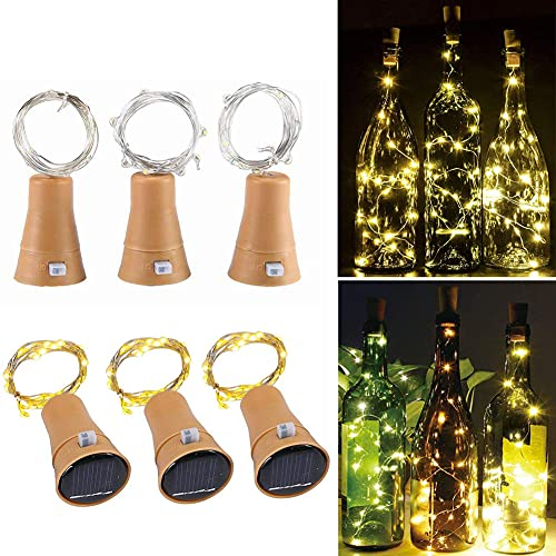 Toifucos Solar Wine Bottle Lights, 6 Pack 20 LED Waterproof Copper Cork Shaped Lights Firefly String Lights for DIY Wedding Party Outdoor, Holiday, Garden, Patio Pathway Decor, Warm White