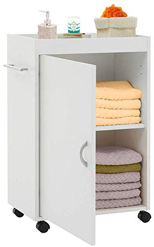 BAKAJI Carrello Bagno Cucina in Legno MDF con Anta 3 Ripiani e 4 Ruote Girevoli Dimensioni: 50 x 32 x 77,5 cm Mobiletto Trolley Salvaspazio Colore Bianco