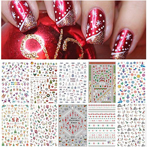 Kalolary 10 Blätter Weihnachten Nagelsticker - Selbstklebend 3D Design Nail Art Sticker - Wassertransfer Abziehbilder für DIY Nagel Kunst Dekoration