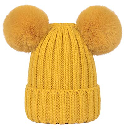 Damen Unisex Mütze Strickmütze Fellbommel Bommel Strick Mütze Winter-Mütze Bommelmütze mit 2 Bommeln (Ingwer gelb,M: 36-60cm)