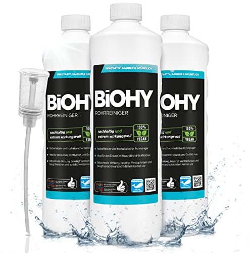 BiOHY Rohrreiniger (3 x 1 Liter) + Dosierer | EXTRA STARK | flüssiger Abflussreiniger | Profi Mittel für Verstopfungen in Küche, Dusche & Toilette | entfernt Haare & Gerüche effektiv