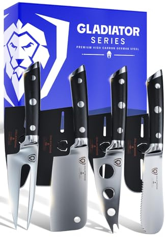 DALSTRONG Charcuterie & Cheese Knife Set - 4-Piece - Gladiator Series - Mini Cleaver, Serrated Knife, Round-Tip, Forked Cheese Knife - HC German Steel - G10 Garolite Handle - w/Sheath - NSF Certified