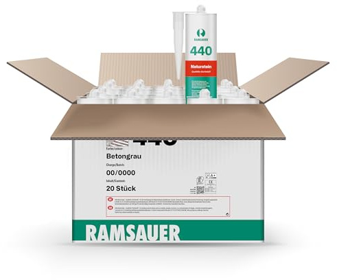 RAMSAUER 440 Naturstein (Betongrau) - 20 Stück im Karton, Silikon Dichtstoff für Naturstein, Marmor, Granit, Poolbau & Unterwasserbereich, Fugen im Innen- und Außenbereich, Küche und Reinraum