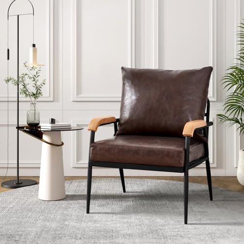 TUKAILAI 1 Sitzer Kunstleder Sofa mit Armlehnen, Metallstütze, Rückenlehne, Kissen, Griffe, Gepolstertes Sofa, Polstersessel Modern Sessels für Wohnzimmer, Schlafzimmer Retro industriell, Dunkelbraun