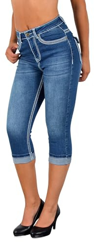 ESRA Damen Capri Jeans Hose Damen Caprihose 3/4 Jeans-Hose kurz bis Übergröße C15