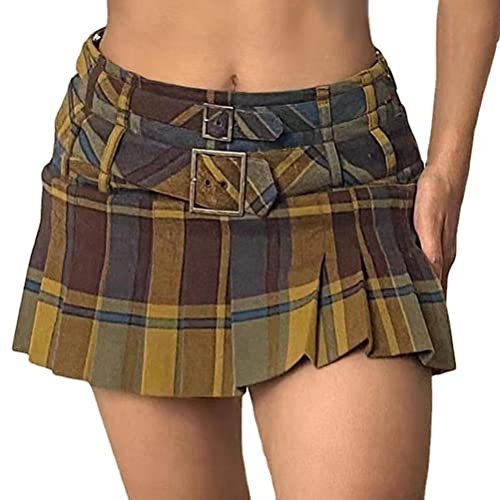 ORANDESIGNE Jupe Plissée Courte Taille Haute pour Femme et Fille Jupe Ecole de Tennis Evasée avec Doublure Mini Jupe à Carreaux S Jaune XS