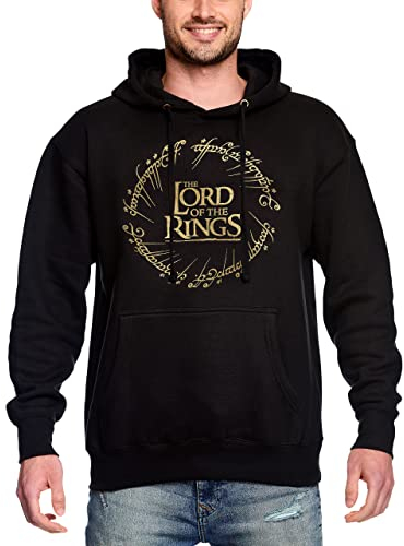 Elbenwald Herr der Ringe Hoodie mit großem Der Eine Ring Motiv auf der Vorderseite, Kapuze mit Tunnelzug und Eingrifftasche vorn für Herren Damen schwarz - S