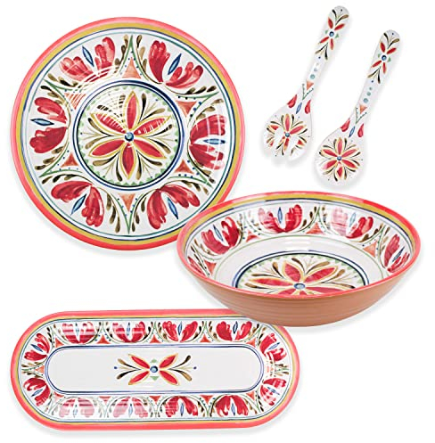 Purely Home Mediterranean - Outdoor/Camping/Picnic - Melamine/Plastic Salad Bowl, Oval Tray, Round Platter & Salad Servers Set