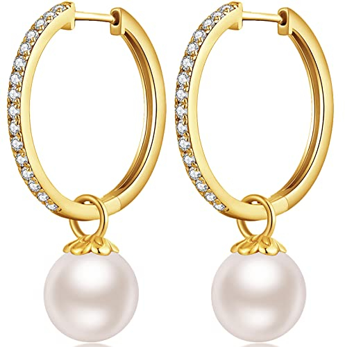 Creolen Gold Ohrringe Damen Creolen Hängend Ohrringe s925 Sterling Silber Perlen Ohrringes Hängend Tropfen Ohrhänger Perlenohrringe