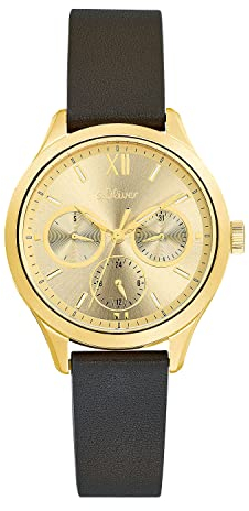s.Oliver Armbanduhr Damen Multifunktion Analog, mit Leder Armband, Gold, 5 bar Wasserdicht, Multifunktion, Kommt in Uhren Geschenk Box, 2034606