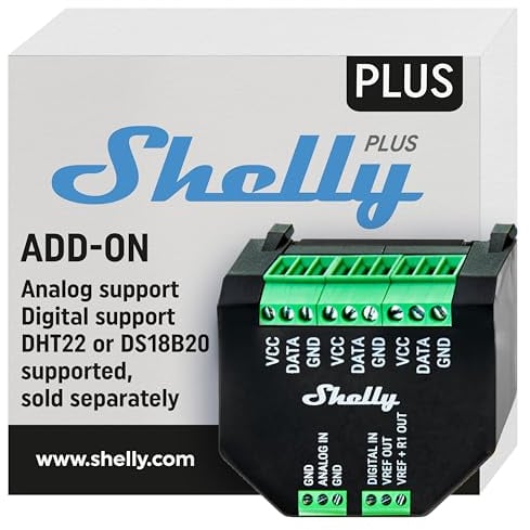Shelly Plus Add-On, Smart Home Schnittstelle Plus Relais, Digitale Steuerung via WLAN & App, WiFi Hausautomation, 3,3V, Anwendbar für DS18B20- & DHT22-Sensoren