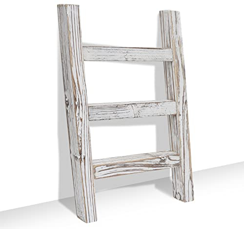 FUIN Petite échelle en bois pour torchons de cuisine rustique, porte-serviettes pour décoration de salle de bain rustique, blanc
