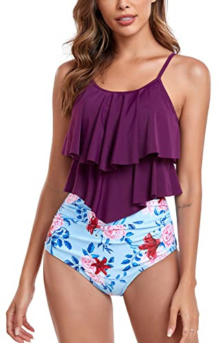 FLYILY Maillot de Bain Tankini pour Femme Haut Double à Volants Taille Haute Maillots de Bain 2 pièces Maillots de Bain(4-Purple,M)