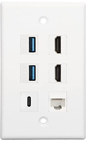 Plaque Murale Ethernet 6 Ports, 2 X Prise HDMI, 2xUSB3.0, 1xType C, 1xCat6 RJ45 Plaques Murales D'insertion de Prise Ethernet Compatibles avec Cat 5, Cat 5e, Cat 6 Fils pour