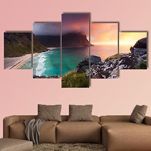 WAGYU 5 teiliges Bild Kvalvika Strand Norwegen 5 teilig leinwandbilder,leinwanddrucke Bilder,Bild leinwand XXL 5 teilig,wandbilder Schlafzimmer Dekoration,Bilder,Poster,kunstdrucke 125x60cm
