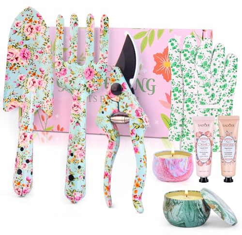 Gardening Gifts for Women, 8Pcs Garden Tools Set Including Hand Trowel, Fork, Scissors, 2 Hand Creams, 2 Candles and Gloves, Garden Birthday Gifts for Women Mum Gardener Lovers