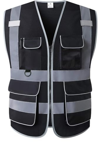 LOHASTAR Gilet antinfortunistici gilet lavoro catarifrangente alta visibilita Maglia di sicurezza per riflettente sicurezza con tasche cerniera anteriore(IT-Black01,Large)