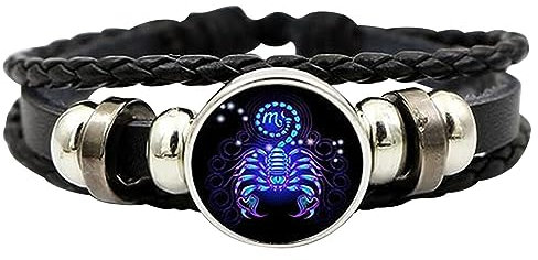 Facynde Constellation Lederarmband Verstellbares Punk-Armband Perlen Multilayer Geflochtenes 12 Sternzeichen Armband, Skorpion Handgewebtes Schwarzes Leder Armband, Mit Leuchtendem