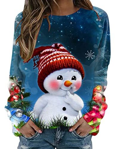 Weihnachten Sweatshirt für Frauen - Langärmelig O-Ausschnitt Oberteil mit Weihnachten Druck Lustig Weihnachts Shirt Mode Locker Sitzende Sweatshirts Weihnachtspulli Winter Oberteile Tops
