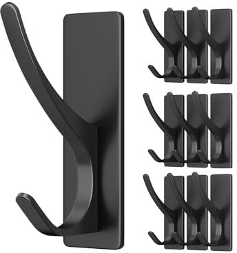 pickpiff Self Adhesive Hooks, Sticky Hooks Extra Sturdy, Hanging up to 6KG, Metal Stainless Heavy Duty Stick on Wall Door, for Towel Coat Hat Purse in Bathroom Shower Kitchen, Black, 10 Pack