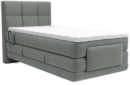 Vente-unique-Boxspringbett mit gestepptem Kopfteil + elektrischem Untergestell mit Relaxfunktion + Matratze + Topper - 100 x 200 cm - Stoff - Hellgrau - LODI von Palacio