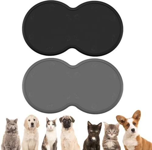 2 Pack Cat Food Mat Silicone Cat Feeding Mat Non Slip Pet Bowl Mat Placement Tray Pet Food Mat For Dog Cat Food Water Bowl(Grey,Black)