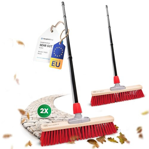 Novaliv Lot de 2 balais de route de 40 cm avec manche en élasthanne - Idéal comme balai d'extérieur - Poils durs avec manche - Balai de terrasse - Balai d'écurie - Balai industriel - Pour l'extérieur