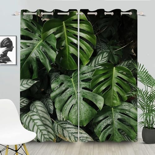 FABTOP Gardinen Blickdichter Grüne Palmblätter, Tropische Blätter Vorhänge Grüne Palmblatt Ösen Gardinen, Grüne Tropische Pflanze Muster Monstera Vorhänge (1,100×140BxH (50×140cm×2))