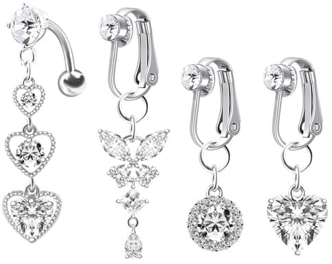 Amazluck Silberner Bauchnabelring, Chirurgenstahl mit Schmetterling, Herz und Kristallkugel Anhänge