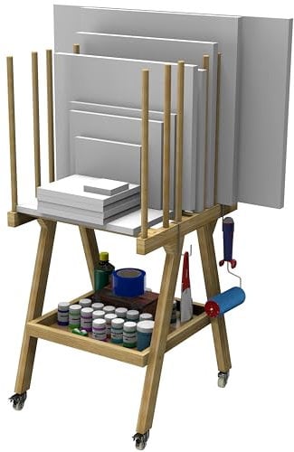 Kunst-Aufbewahrungsregal mit Rollen, Kunst-Trockenständer, tragbare Künstlergalerie, Präsentationsständer für Poster, Kunstwerke, Drucke, Leinwand, Paneele (Bambus, 50 x 59 x 120 cm (B x T x H)