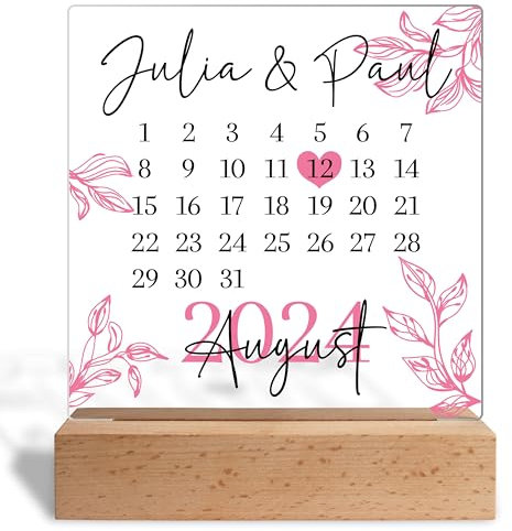 Acrylglas personalisiert mit Wunschdatum & Namen - Jahrestag Geschenk für sie & ihn - Verlobung, Hochzeit, Kennenlerntag, Jubiläumsgeschenk - Glasbild inkl. Holzaufsteller, 15x18 cm (Rosa)