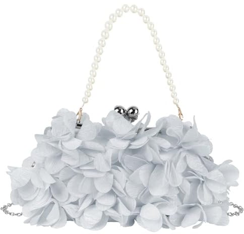 Pandalein Damen Blumen Clutch Seide Abendtasche Brauttasche Kleidertasche Handtasche mit Perlen Henkel Kette für Hochzeit Wedding Prom Party